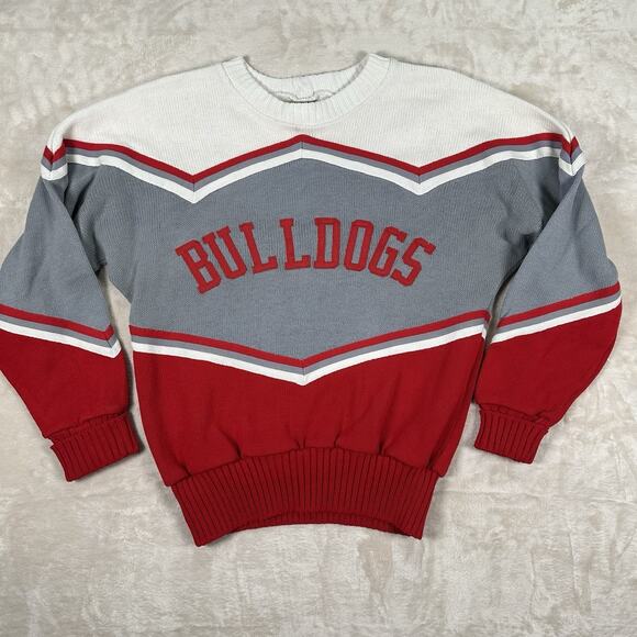 VTG Dehen Cheerleader Sweater Red White Knit Bulldogs Script Women’s Size Small - Picture 1 of 9